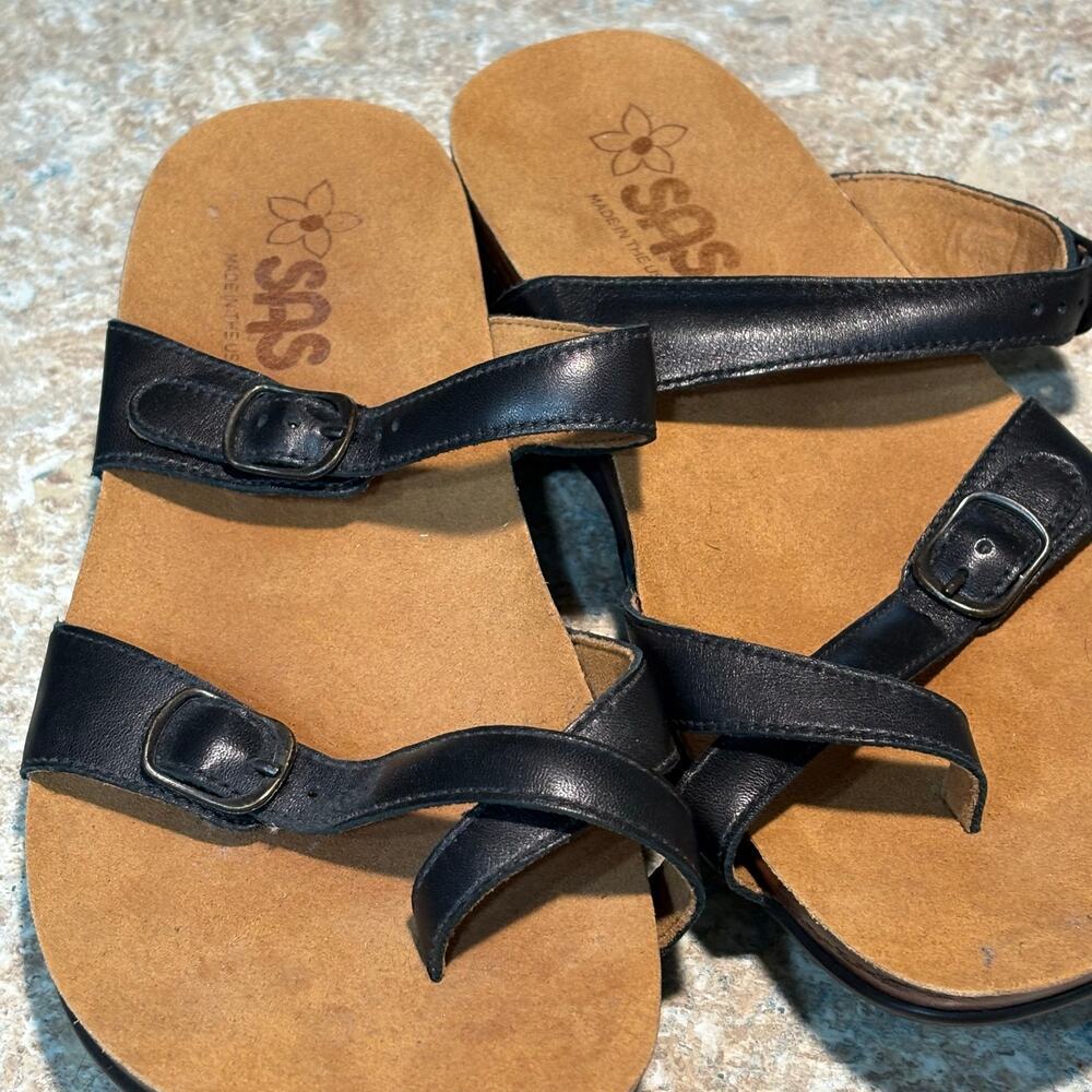 SAS Shelly Brown & Black Toe Loop Leather Sandal Slides Shoes Size 8 Wide - Picture 4 of 11